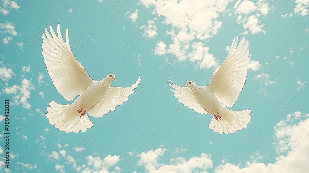 Two graceful white doves soaring against a bright blue sky with fluffy clouds. Two graceful white doves soaring against a bright blue sky with fluffy clouds.