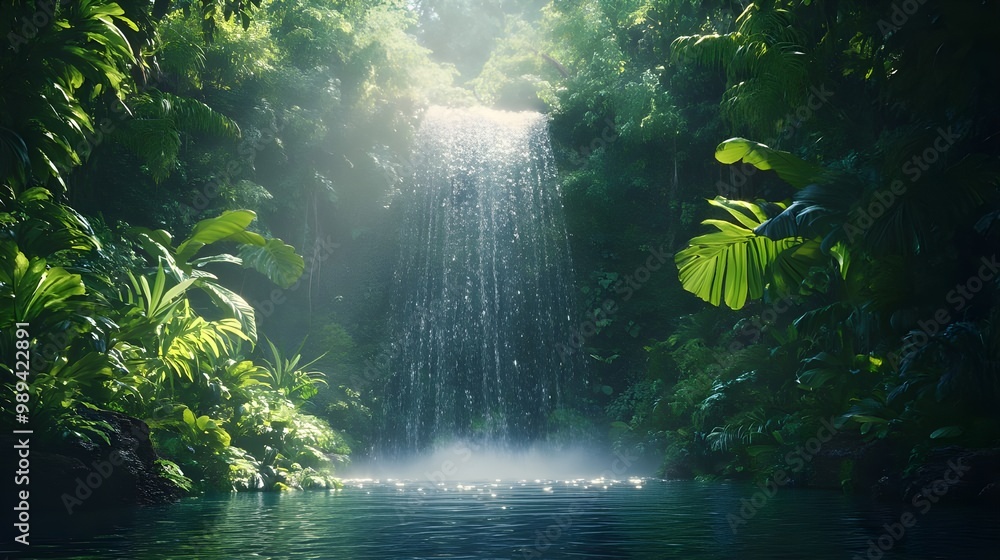 Fototapeta premium Scenic pictures of a misty rainforest with beautiful flowing waterfalls