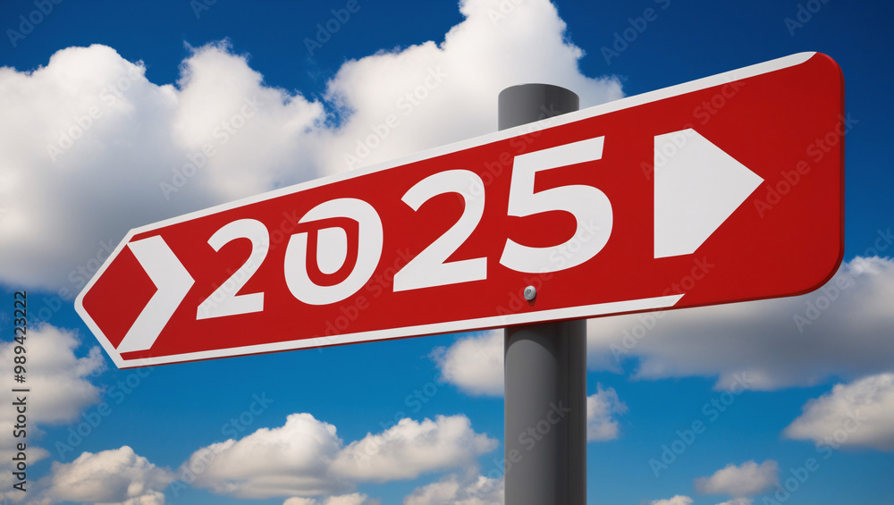 Text 2025 on red sign against blue sky. New Year resolution and goal to change and progress, business success and growth strategy Text 2025 on red sign against blue sky. New Year resolution and goal to change and progress, business success and growth strategy