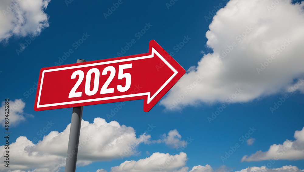 Text 2025 on red sign against blue sky. New Year resolution and goal to change and progress, business success and growth strategy Text 2025 on red sign against blue sky. New Year resolution and goal to change and progress, business success and growth strategy