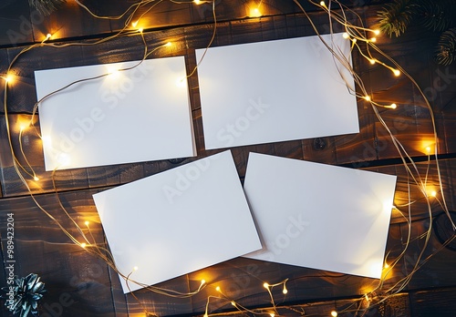 Blank White Cards with Fairy Lights on Wooden Background
