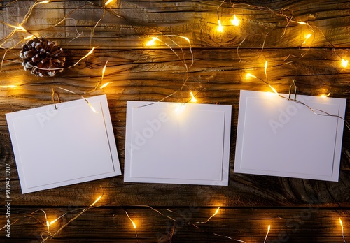 Blank White Cards with Fairy Lights on Wooden Background