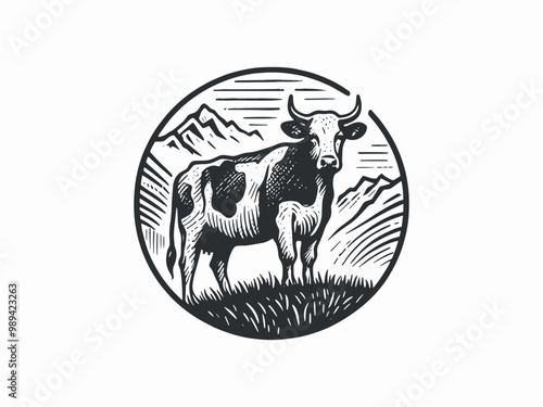Cow on a pasture in the mountains. Hand drawn sketchy engraving emblem, isolated illustration