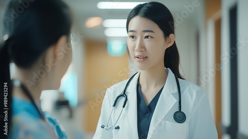 A candid camera photo of a female asian doctor talking to patient in a hospital corridor. Successful highly educated female doctor indoors, discussing or explaining a medical treatment with a patient 