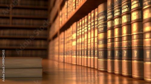 Illuminated Knowledge: Law Books Stacked Neatly on Shelf with Warm Ambient Light for Legal Education Concept or Library Theme