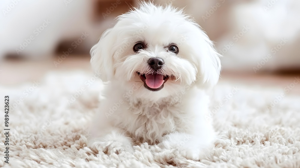 Adorable white fluffy dog with a joyful expression on a cozy rug. Adorable white fluffy dog with a joyful expression on a cozy rug.