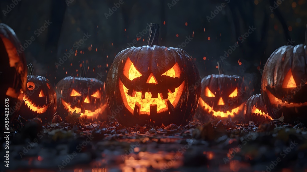 Glowing carved pumpkins in a dark, mysterious forest setting. Glowing carved pumpkins in a dark, mysterious forest setting.