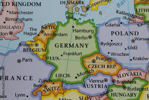 Close up of the Western Europe on a map with Germany in sharp focus. Germany on a map, Berlin on a map
