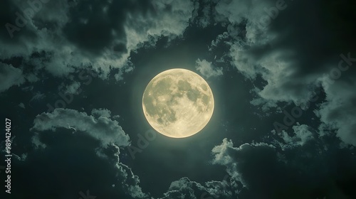 A luminous full moon surrounded by dramatic, swirling clouds at night.