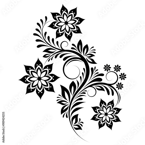 Black and white floral design element, Decorative pattern with flowers, swirls and leaves