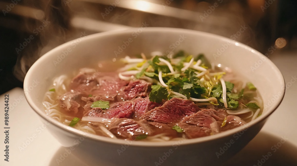 Steaming bowl of beef noodle soup with fresh cilantro and bean sprouts. Steaming bowl of beef noodle soup with fresh cilantro and bean sprouts.