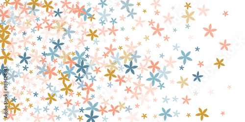Periwinkle simple flowers vector illustration. Tiny meadow bloom shapes scatt...