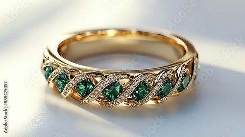 Elegant 3D Rendering of Custom Emerald Wedding Ring on Curved Band