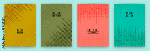 Simple halftone dot texture placard background vector set. Brochure cover page dotted templates. Hipster pattern poster backgrounds collection. School copybook cover halftone dots print.