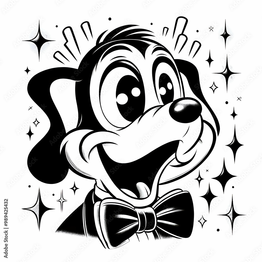 Obraz premium Cartoon Dog with Bow Tie and Sparkles Coloring Page, Black and White Line Art Illustration, Funny Children Art, Cozy Activity, Printable Sheet
