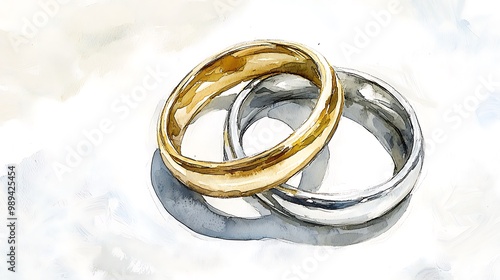 Ethereal Union - Watercolor Painting of Interlocking Gold and Silver Wedding Rings Symbolizing Unity and Love photo