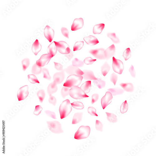 Pink sakura petals confetti flying and falling windy blowing background. Flow...