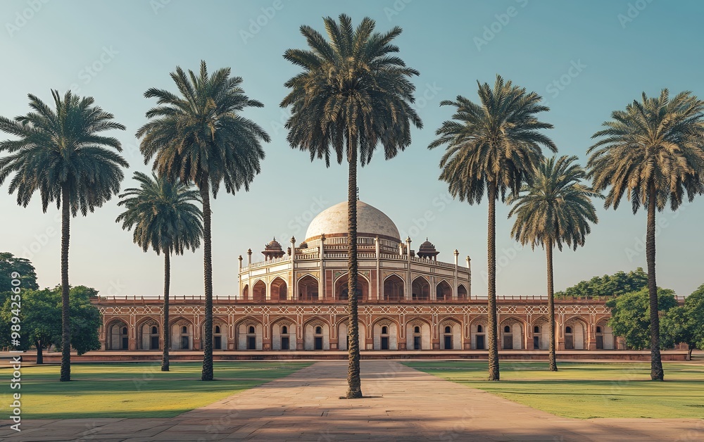A grand Mughal-era mausoleum stands tall against a backdrop of palm trees in a peaceful, sun-drenched setting. A grand Mughal-era mausoleum stands tall against a backdrop of palm trees in a peaceful, sun-drenched setting.