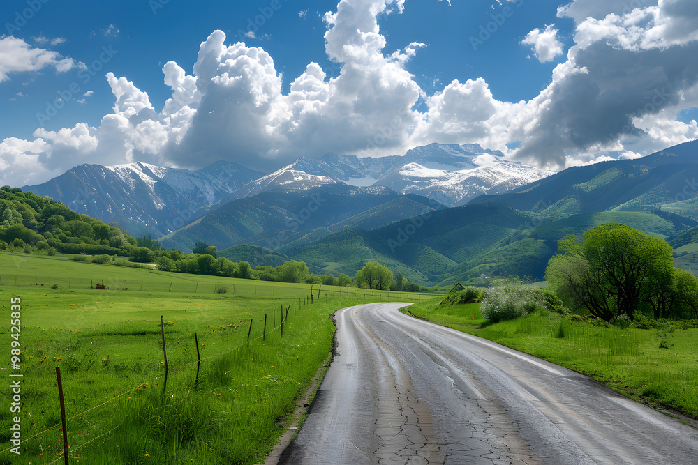 Naklejka premium Green landscape with road and mountains view.