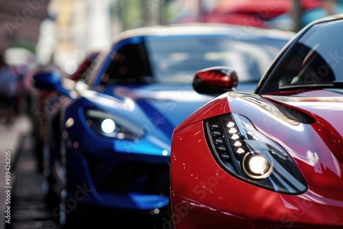 A red sports car is parked next to a yellow sports car