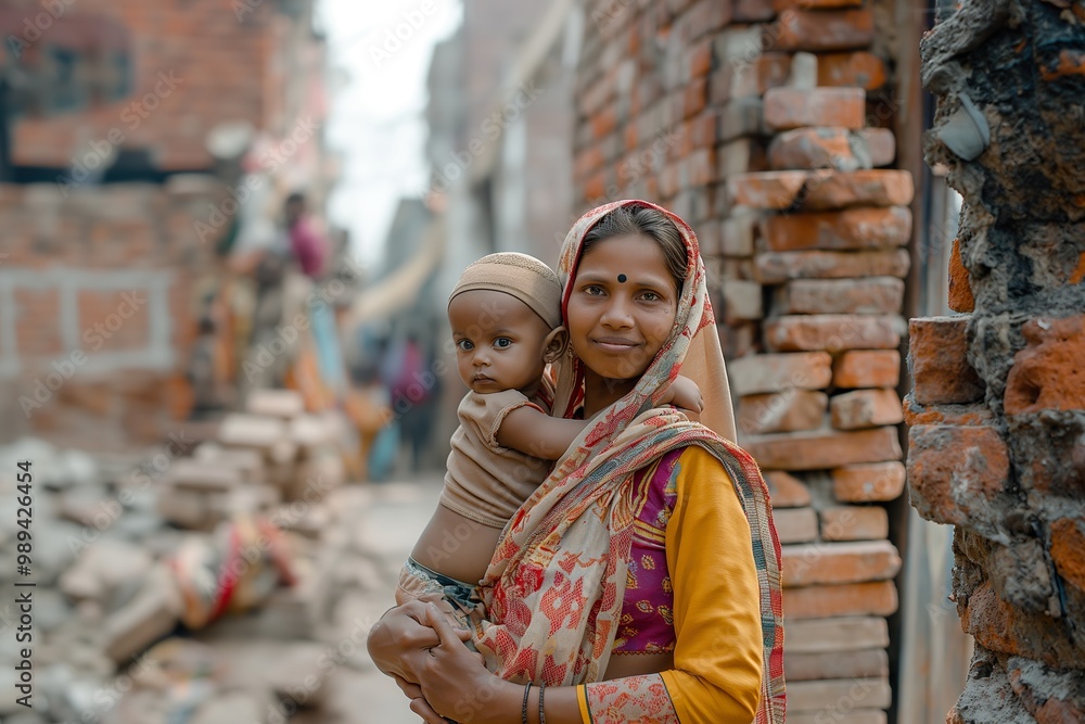 Brick layer laborer carries her child while working in a construction area in a rural setting during the day Brick layer laborer carries her child while working in a construction area in a rural setting during the day