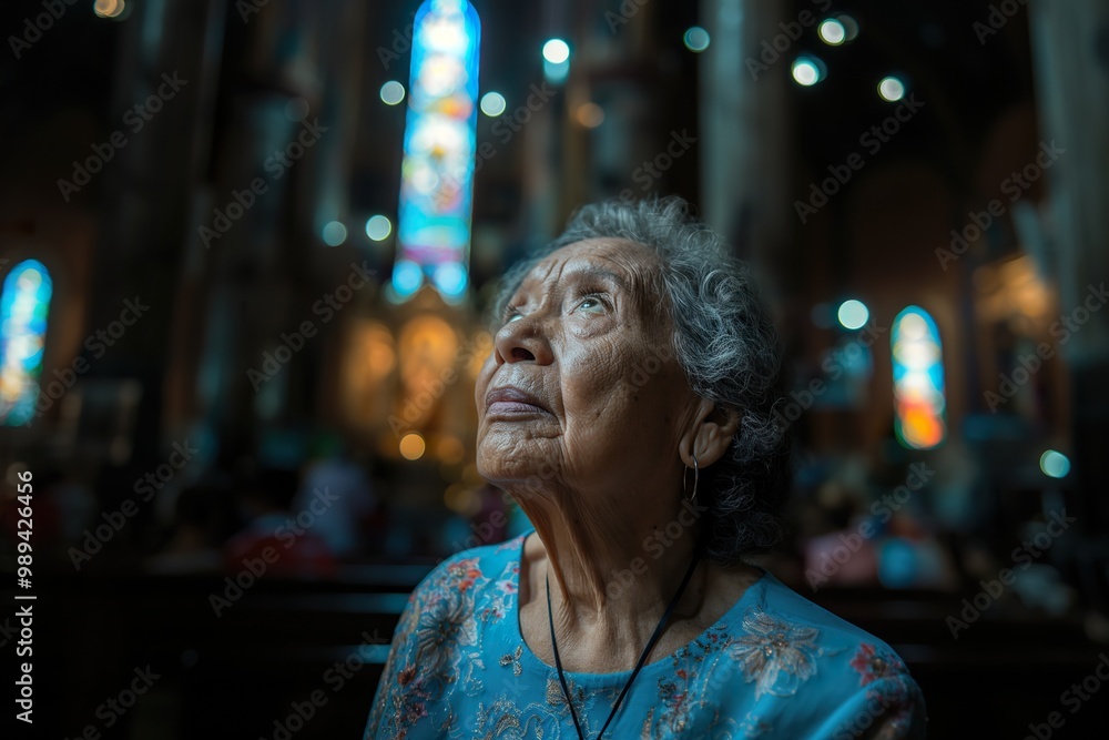 A thoughtful elderly woman gazes upwards in a serene church, reflecting on her memories and spirituality in a moment of peace A thoughtful elderly woman gazes upwards in a serene church, reflecting on her memories and spirituality in a moment of peace