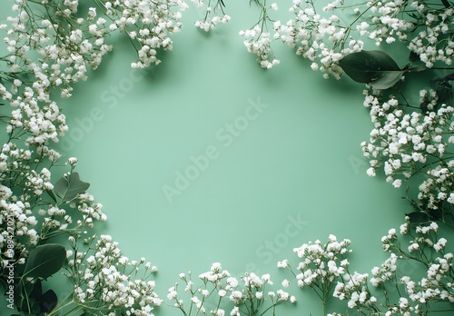 Wallpaper Mural White Baby's Breath Flower Frame on Green Background Torontodigital.ca