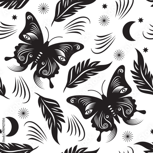 Seamless black and white floral pattern, butterflyes  photo