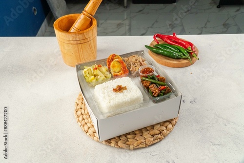 Catering, rice box, delivery food, lunch box photo