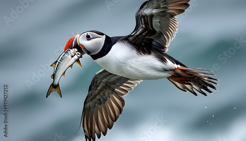 Atlantic puffin soaring gracefully with sand eels clutched tightly in its beak photo