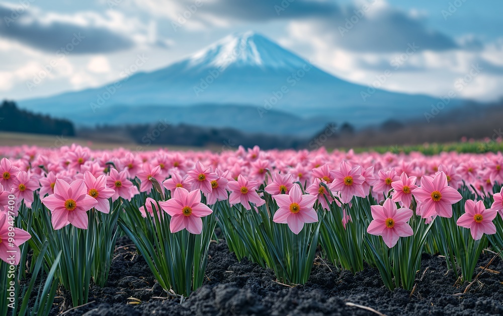 Obraz premium A field of pink daffodils blooms in the foreground, with a snow-capped mountain rising in the background.