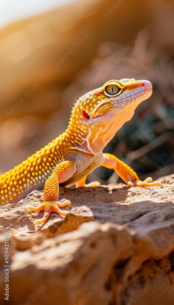 Obraz premium Vibrant Leopard Gecko Basking on Sunlit Rock in Desert Habitat - Perfect for Nature Photography Portfolios