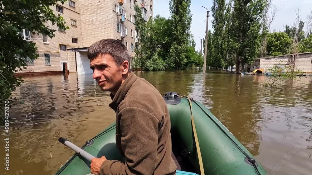 Volunteer sail on boat to evacuate animals and people after detonation of Hydroelectric Power Station. Flooding in Kherson as result of explosion of dam on Dnipro river in city of Novaya Kakhovka Volunteer sail on boat to evacuate animals and people after detonation of Hydroelectric Power Station. Flooding in Kherson as result of explosion of dam on Dnipro river in city of Novaya Kakhovka