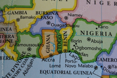 close up of the country of Togo, Benin, Ghana and Nigeria and Burkina Faso viewed on a wold map as a travel concept. Ghana on a map

