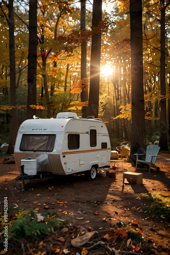 Serene Autumn RV Camping. Cozy Trailer, Campfire, and Vibrant Fall Foliage.