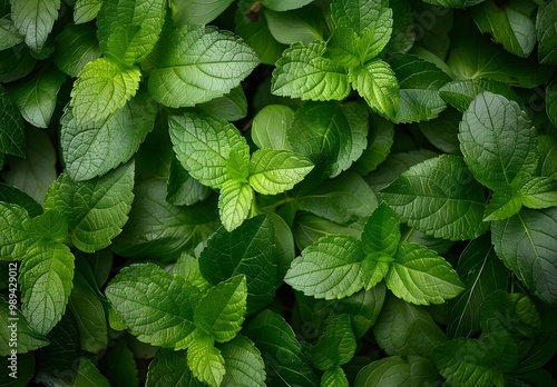 Lush Green Mint Leaves Background Texture