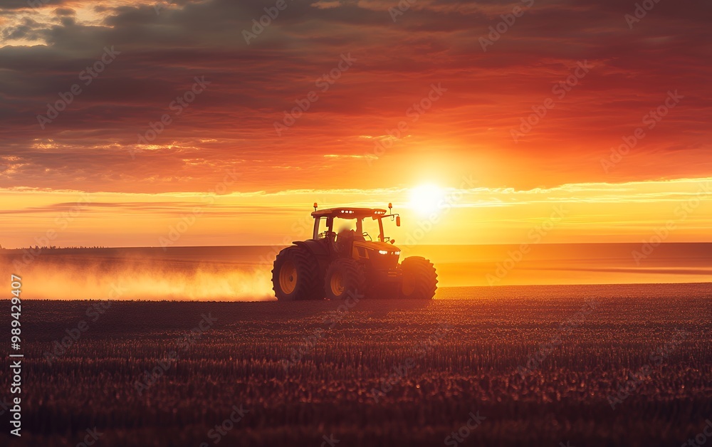 Fototapeta premium A tractor drives through a field at sunset, creating a trail of dust.