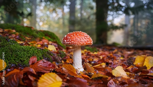 A close-up of a vibrant red mushroom adorned with white speckles, set against a natural background  photo