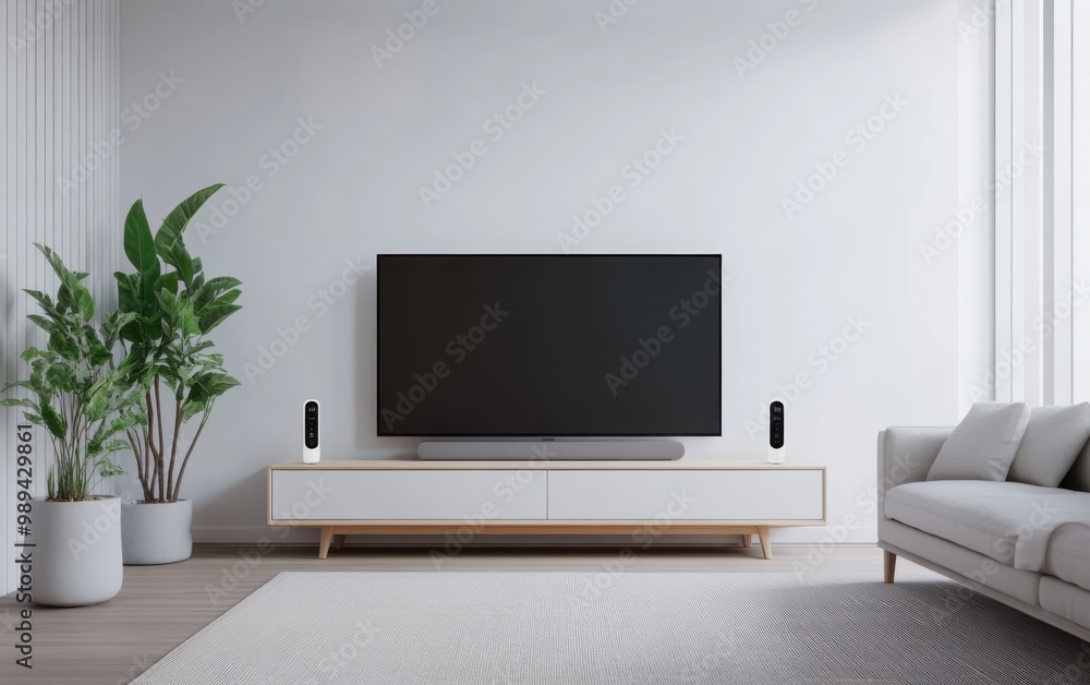 A high-tech living room with a large smart TV and voice-controlled lighting, designed for ultimate convenience A high-tech living room with a large smart TV and voice-controlled lighting, designed for ultimate convenience