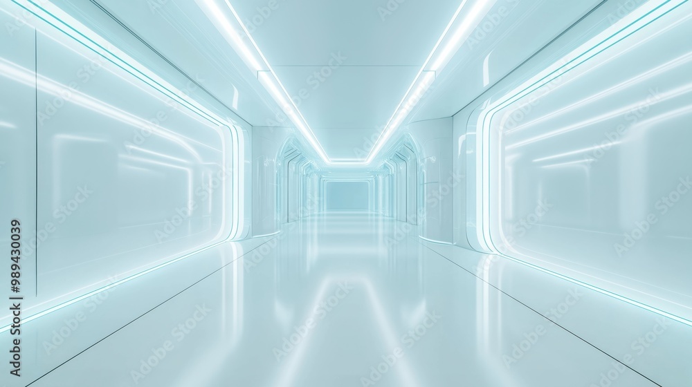 Obraz premium A sleek, futuristic corridor bathed in white neon lights, featuring a clean, minimalist design.