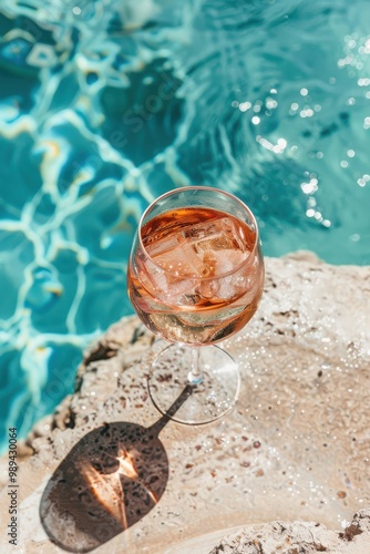 A glass of pink wine is sitting on a ledge by a pool photo