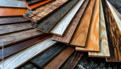 Assortment of wood color tone samples for interior design, showcasing various shades and textures for flooring or furniture