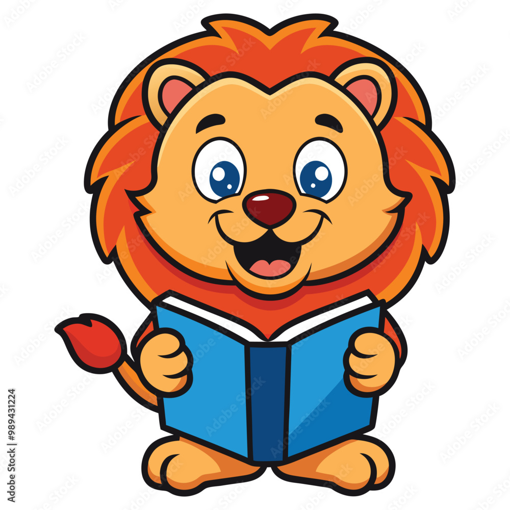 Fototapeta premium A cartoon illustration of a lion reading a book