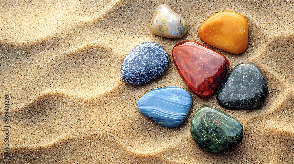 Vibrant Colorful Stones Scattered on Warm Sand - Photography and Advertising Concept Vibrant Colorful Stones Scattered on Warm Sand - Photography and Advertising Concept