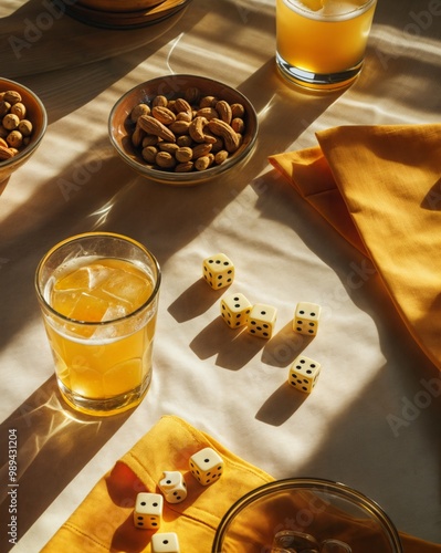 Sunny tabletop with drinks, nuts, and dice
 photo