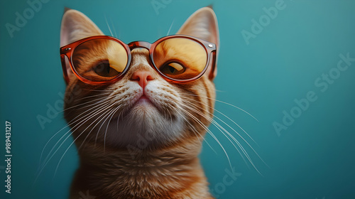 Cute Orange Cat Wearing Round Sunglasses - Realistic Image