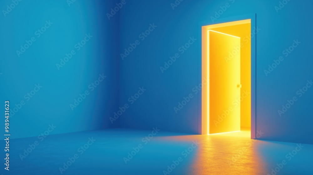 A minimalist room featuring a vibrant glowing yellow door in a blue-walled space. A minimalist room featuring a vibrant glowing yellow door in a blue-walled space.