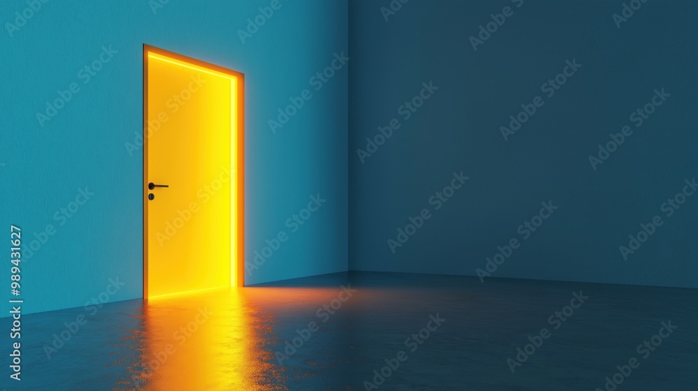 A minimalist room featuring a vibrant glowing yellow door in a blue-walled space. A minimalist room featuring a vibrant glowing yellow door in a blue-walled space.