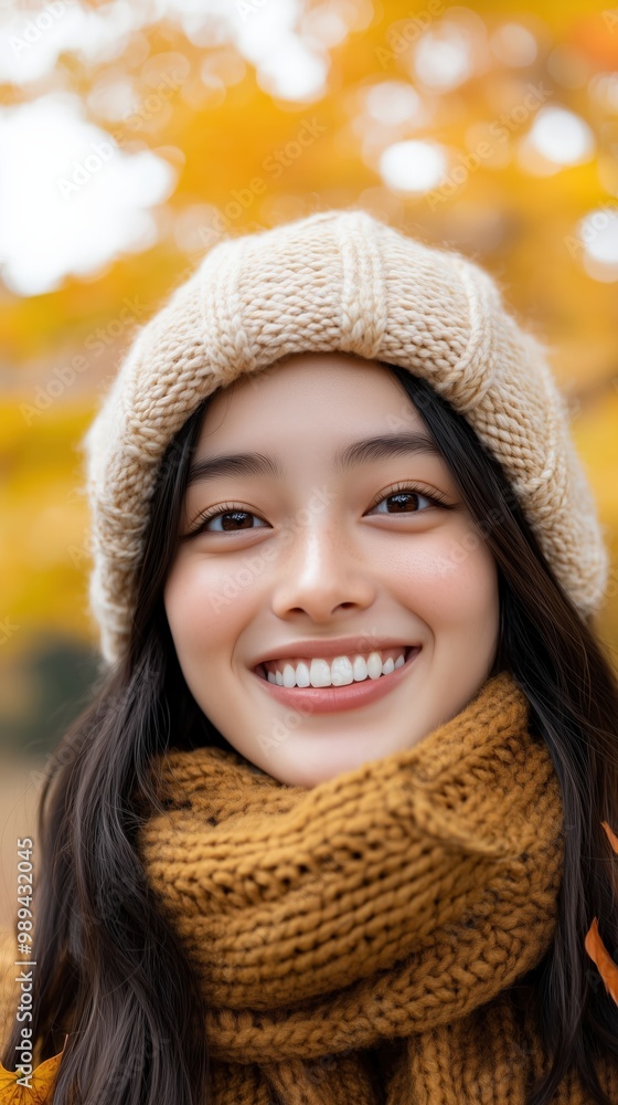 秋の喜び:季節のファッション写真撮影のために心地よいニットウェアを着た笑顔の女性 秋の喜び:季節のファッション写真撮影のために心地よいニットウェアを着た笑顔の女性
