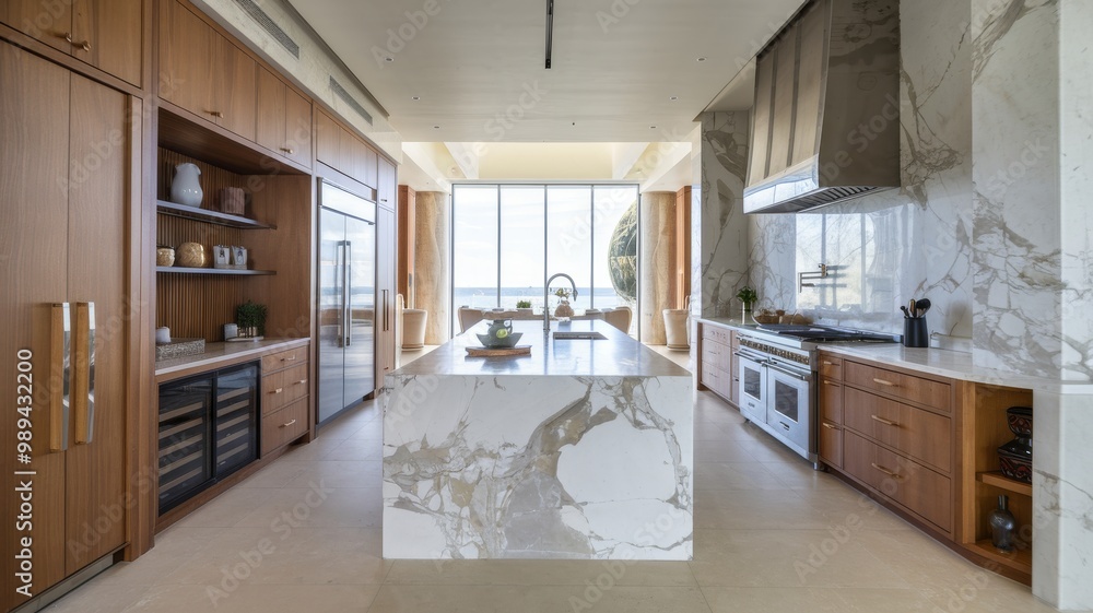 Modern luxury interior design of kitchen with marble island and wooden cabinets. Modern luxury interior design of kitchen with marble island and wooden cabinets.